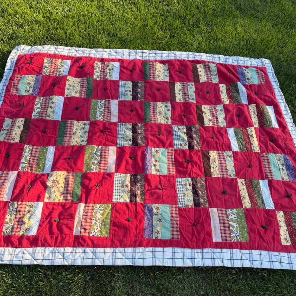 Handmade Patchwork Tied Quilt Red Plaid Floral Farmhouse Cottagecore 60x80 Throw